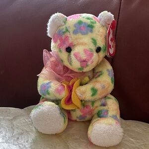 Ty Bloom Beanie Baby Plush Bear - Yellow, Pink & Green with Flowers